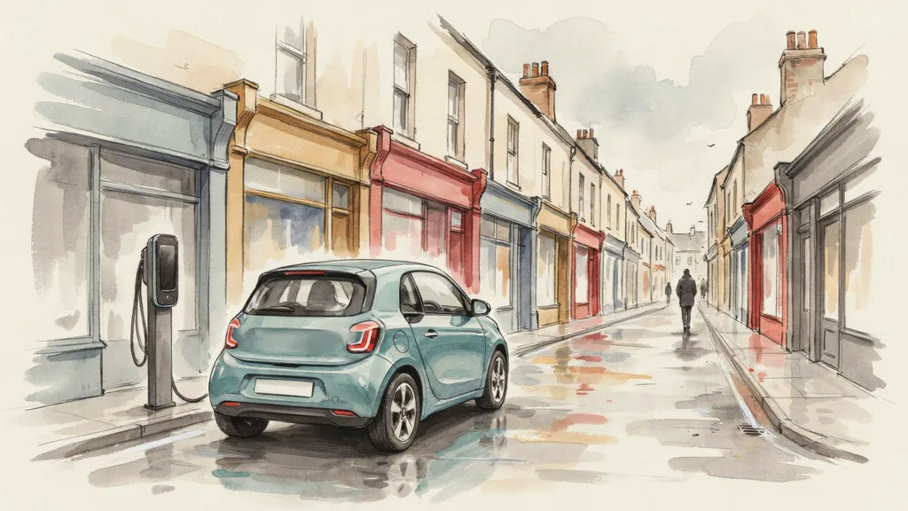 Illustration of an electric hatchback moving quietly along a damp Irish village street past a public charge point