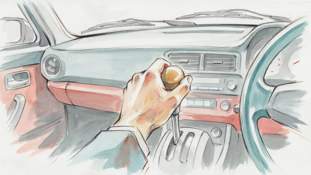 Illustration of a driver's left hand on the automatic gear selector in a right-hand-drive car