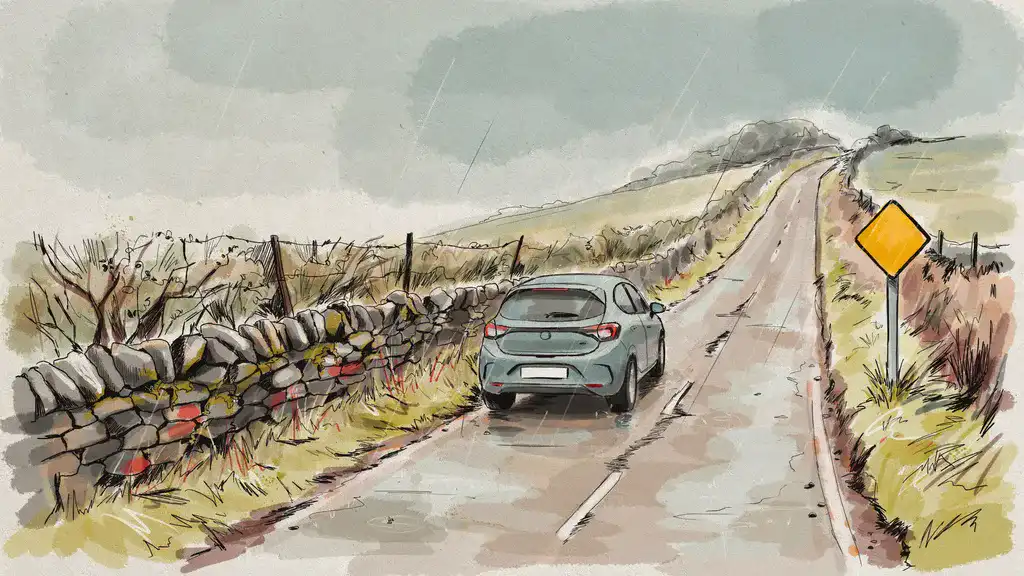 Illustration of a car paused on a steep narrow Irish road ready for a hill start
