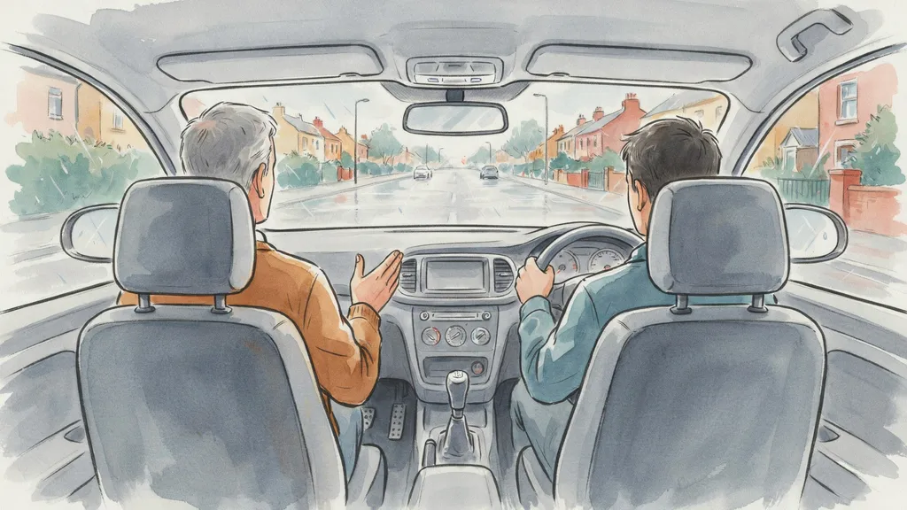 Illustration of a driving instructor in the left front seat of a right-hand-drive lesson car with dual controls
