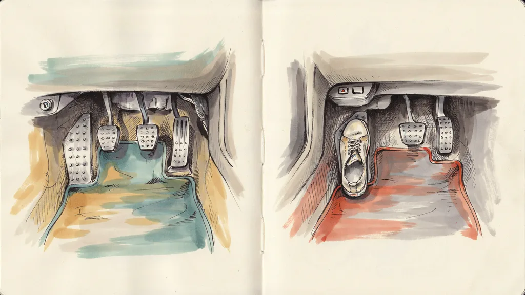 Illustration comparing a three-pedal manual footwell with a two-pedal automatic footwell