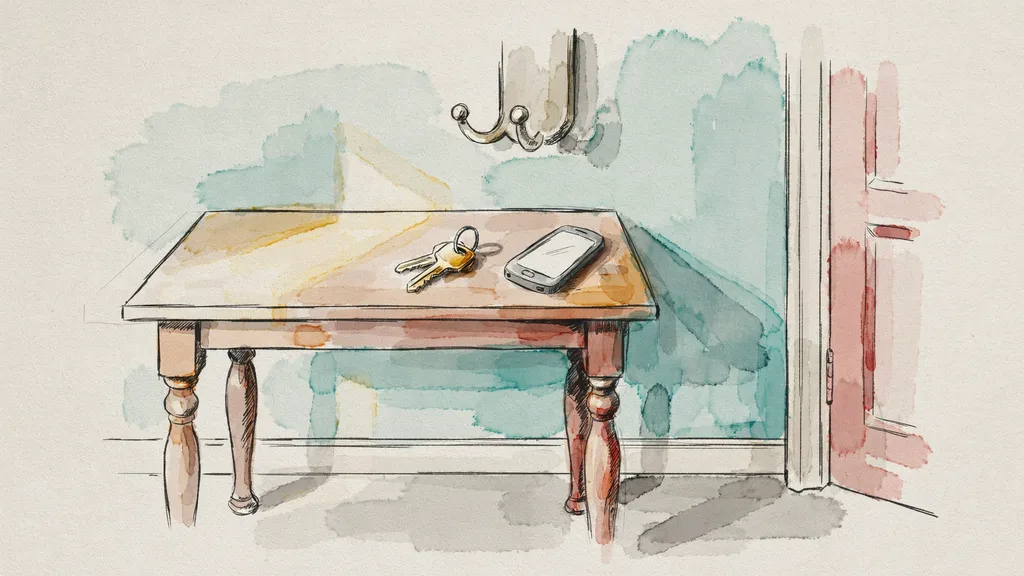 Illustration of a tidy hall table with a set of car keys and a phone in morning light