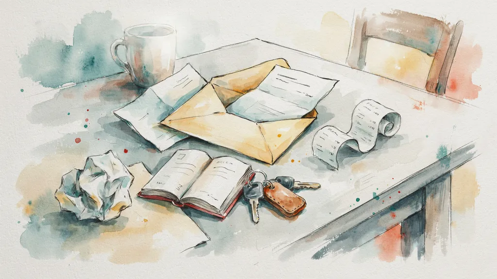 Illustration of car paperwork, envelopes, receipts and keys scattered across a kitchen table