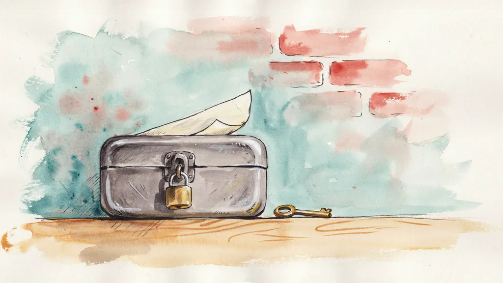 Illustration of a small locked metal deed box on a shelf with a document tucked under the lid