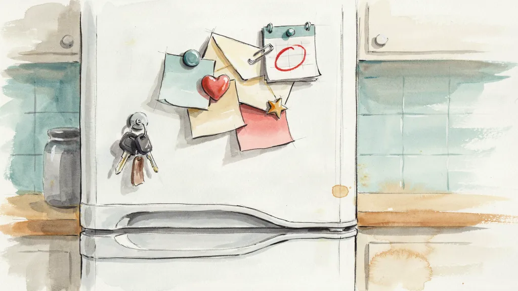 Illustration of a fridge door covered in paper reminders and a calendar with a date circled in red