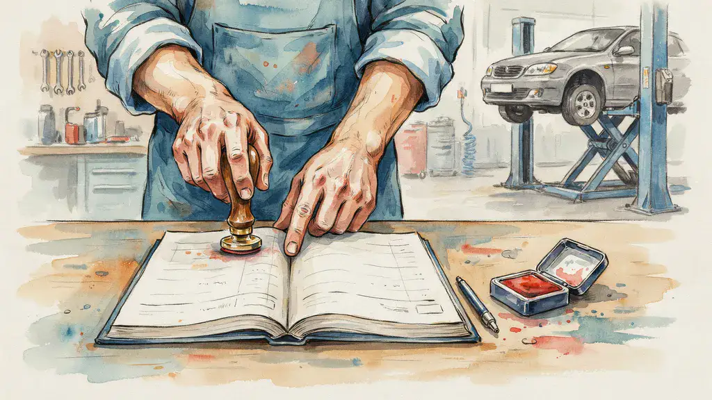 Illustration of a mechanic stamping an open service record book at a garage counter