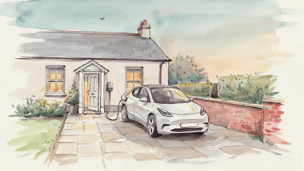Illustration of an electric car charging on the driveway of an Irish house at dusk