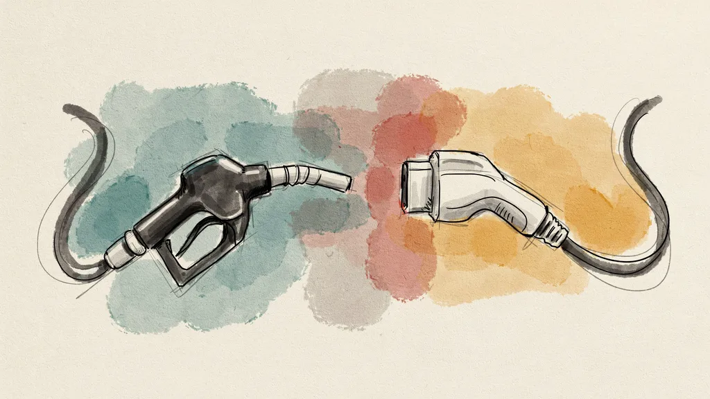 Illustration comparing a petrol pump nozzle and an electric vehicle charging connector side by side