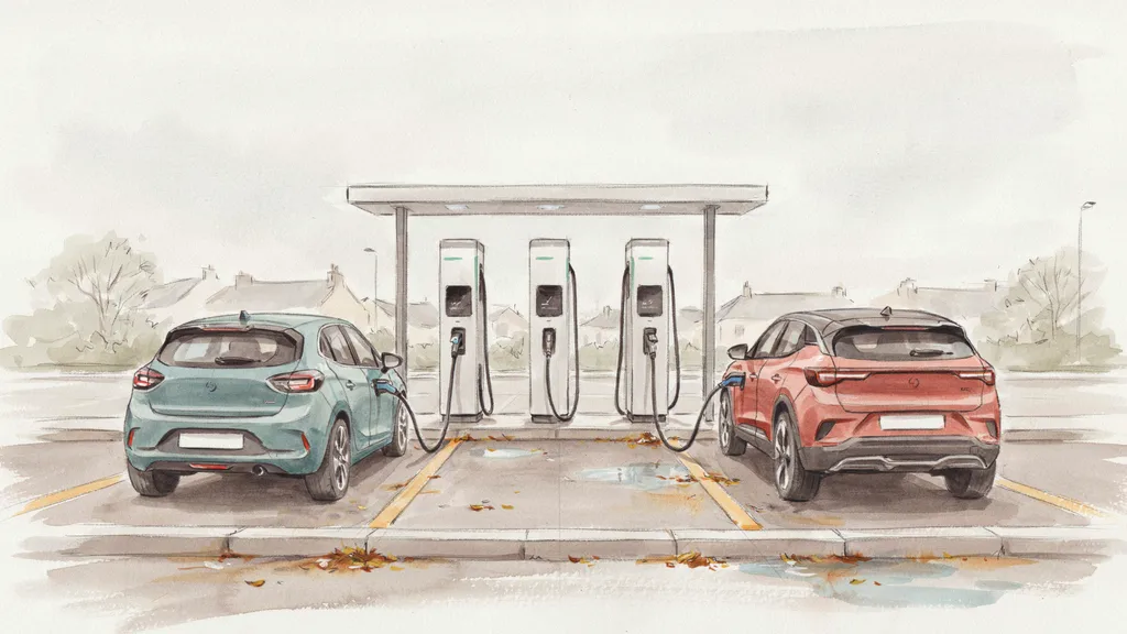 Illustration of a row of public rapid electric vehicle chargers in a car park with two cars charging