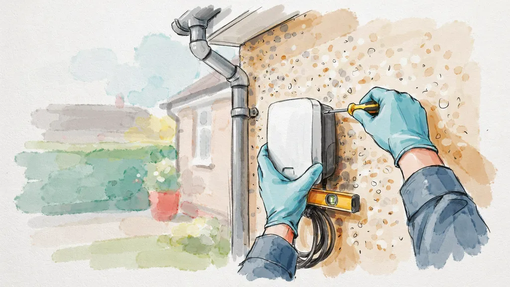 Illustration of an electrician fitting a wall-box electric vehicle charger to the exterior wall of a house