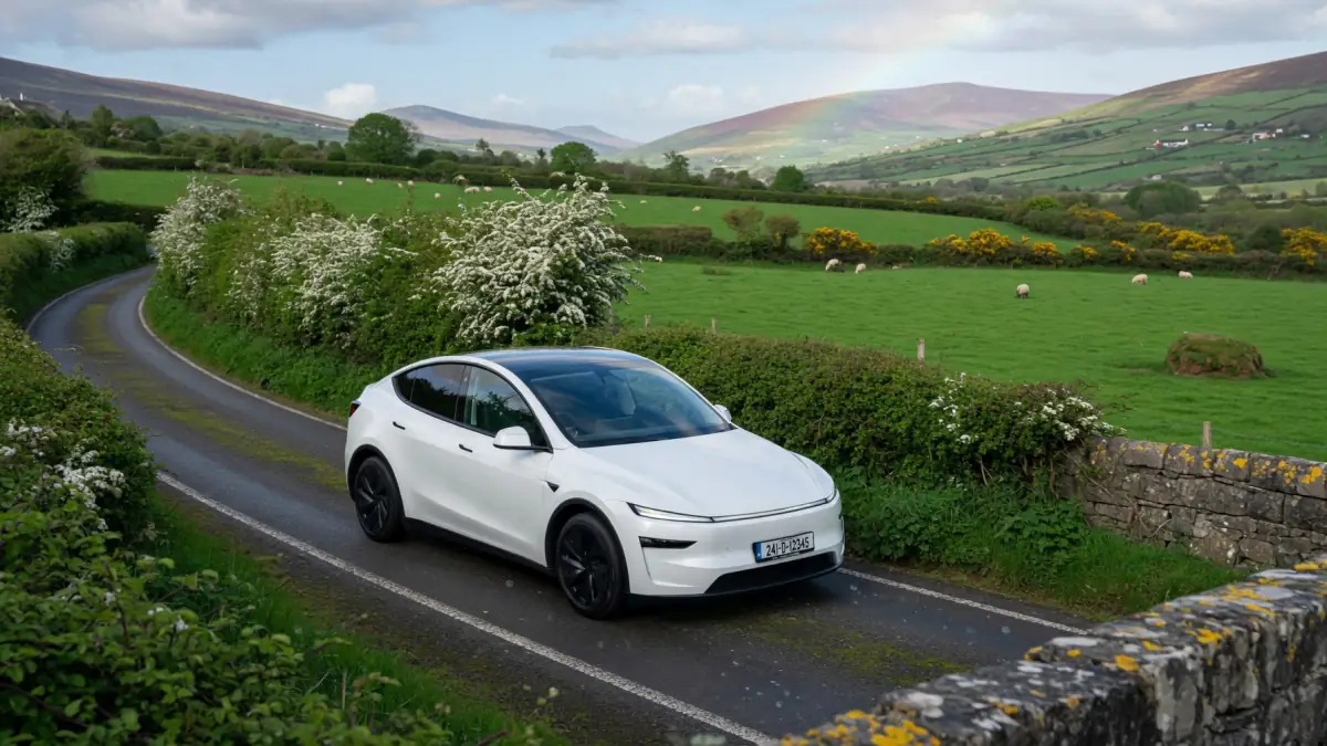 A white electric car on a winding rural Irish road with green fields, grazing sheep and a rainbow over the hills behind