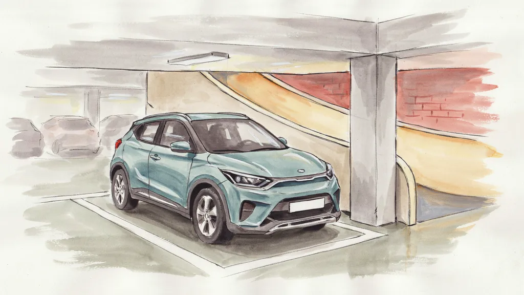 Illustration of a compact crossover parked within the painted lines of a multi-storey car park bay beside a pillar