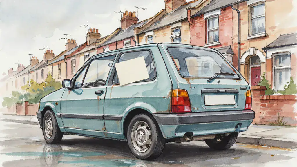 Illustration of a for-sale card propped in the window of an older hatchback parked at a kerb