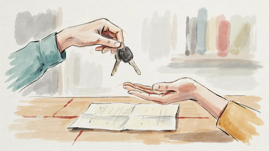 Illustration of car keys being handed from one person to another above a document on a table