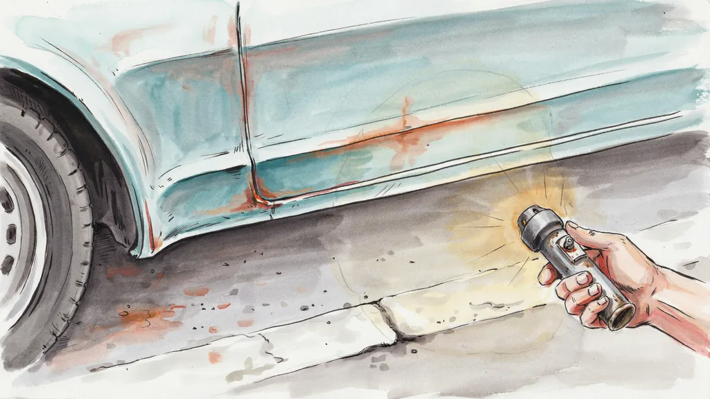 Illustration of a hand shining a torch into the sill and wheel arch of a car to check for rust