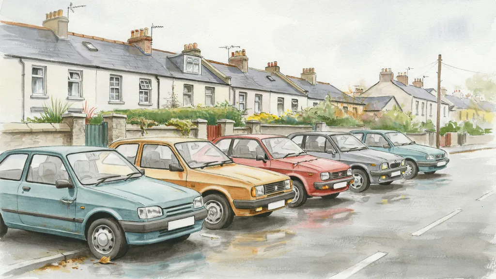 Illustration of a row of modest older hatchbacks parked along an Irish residential street