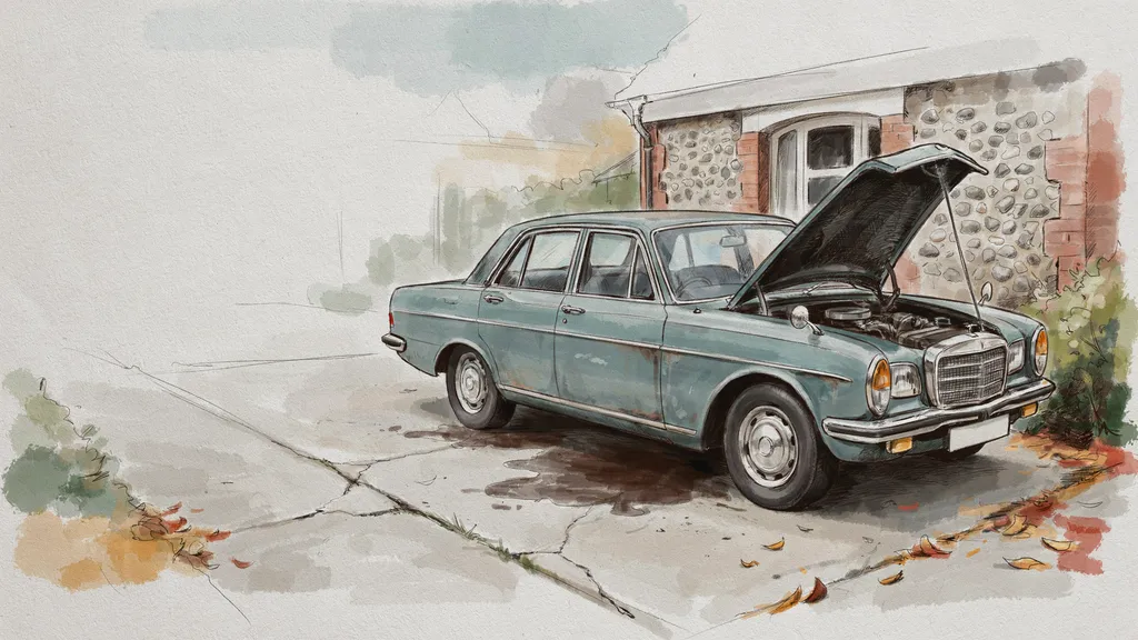 Illustration of a tired older executive saloon on a cracked driveway with its bonnet up and an oil stain beneath