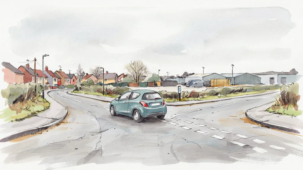 Illustration of a car at a junction where one road leads to houses and the other to an industrial estate