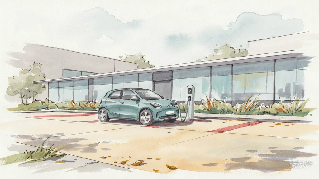 Illustration of an electric company car charging in a marked bay outside an office building