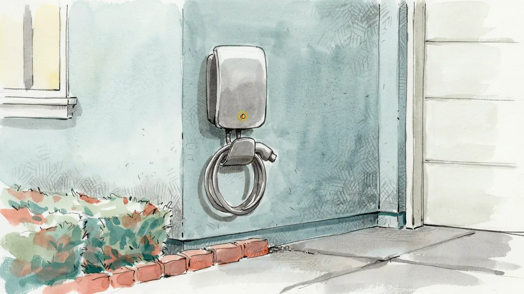 Illustration of a wall-mounted home electric vehicle charger beside a garage door in the evening