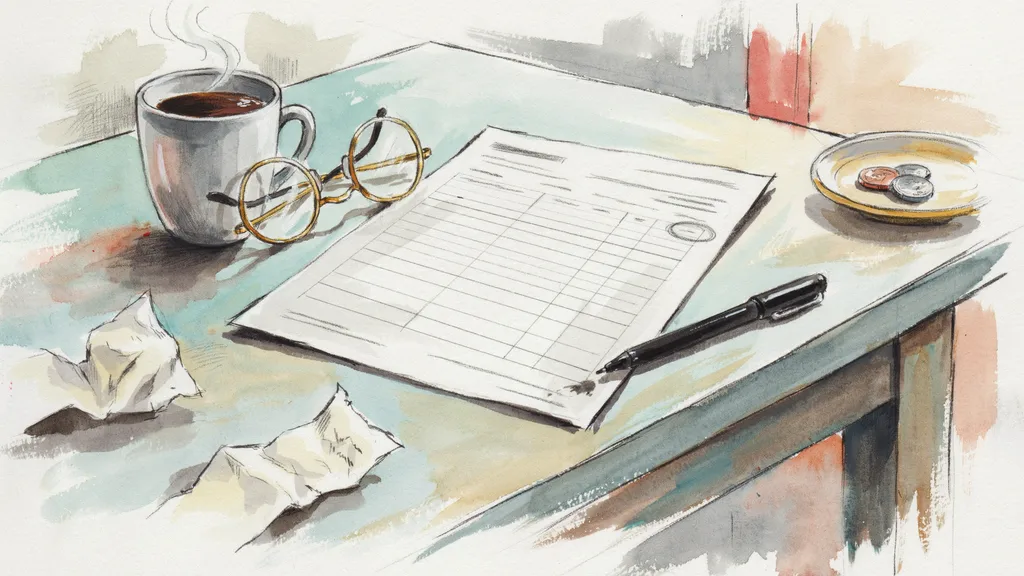 Illustration of a payslip on a kitchen table with a pen, glasses and a mug