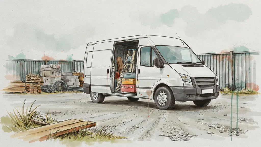 Illustration of a plain white work van parked outside a builders' merchant yard with its side door open