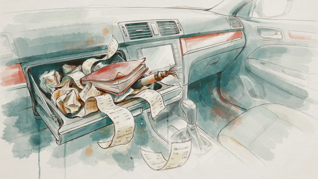 Illustration of a car glovebox crammed with crumpled receipts and a battered notebook