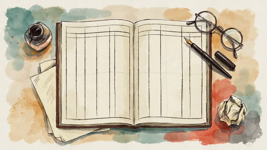 Illustration of an open ruled logbook with empty columns, a fountain pen and reading glasses