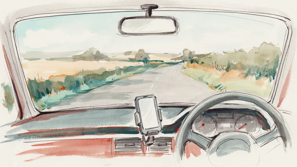 Illustration of a phone in a dashboard mount with a country road ahead through the windscreen