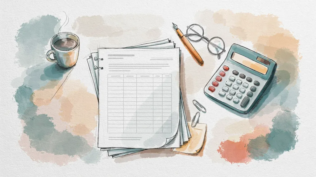 Illustration of a printed mileage report on a desk beside a calculator, pen and glasses