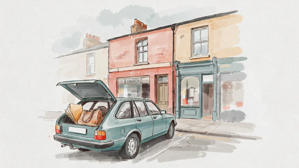 Illustration of an estate car parked outside a business premises on an Irish street with its boot open