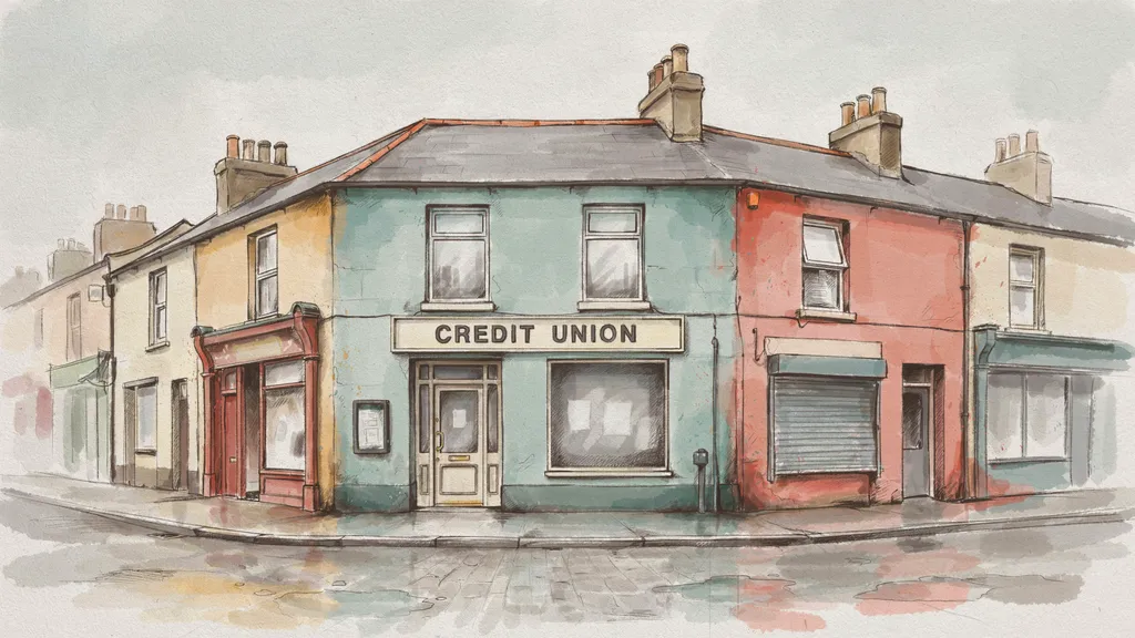 Illustration of a small credit union branch on the main street of an Irish town