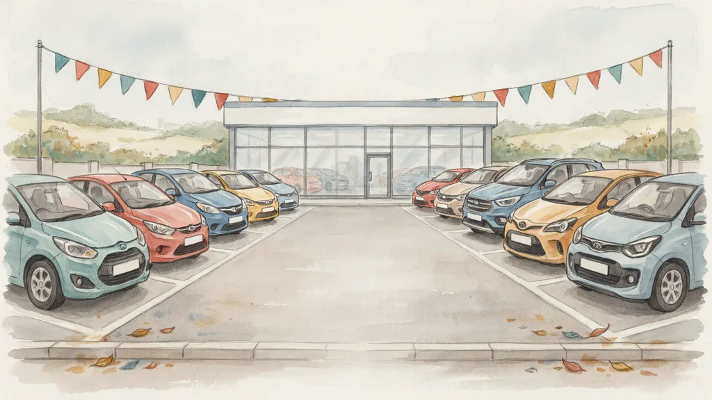 Illustration of used cars lined up on an Irish dealership forecourt with bunting above