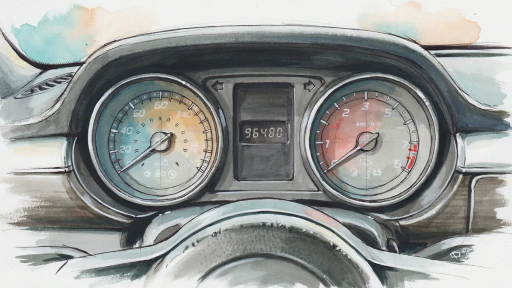 Illustration of a car instrument cluster with the odometer showing 96,480 kilometres