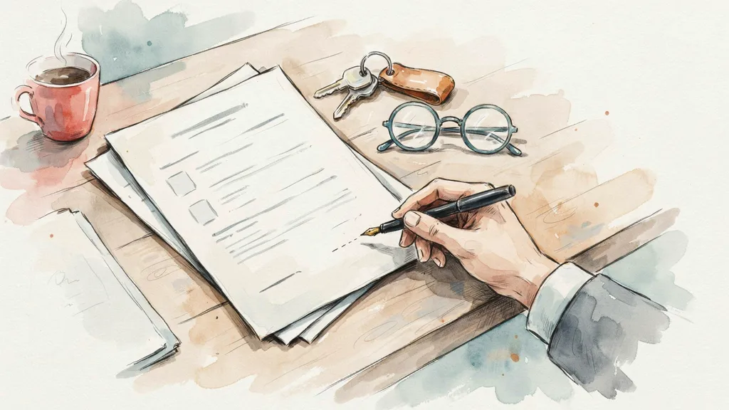 Illustration of a hand signing a car finance agreement on a desk beside car keys and reading glasses