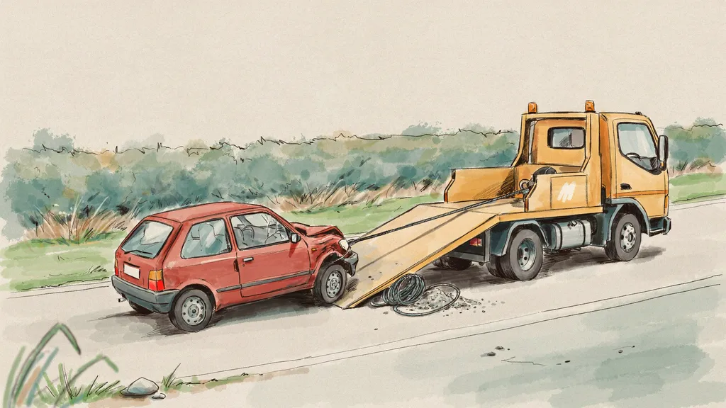 Illustration of a damaged car being winched onto a roadside recovery truck