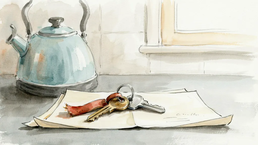 Illustration of two sets of car keys resting on a document on a kitchen worktop
