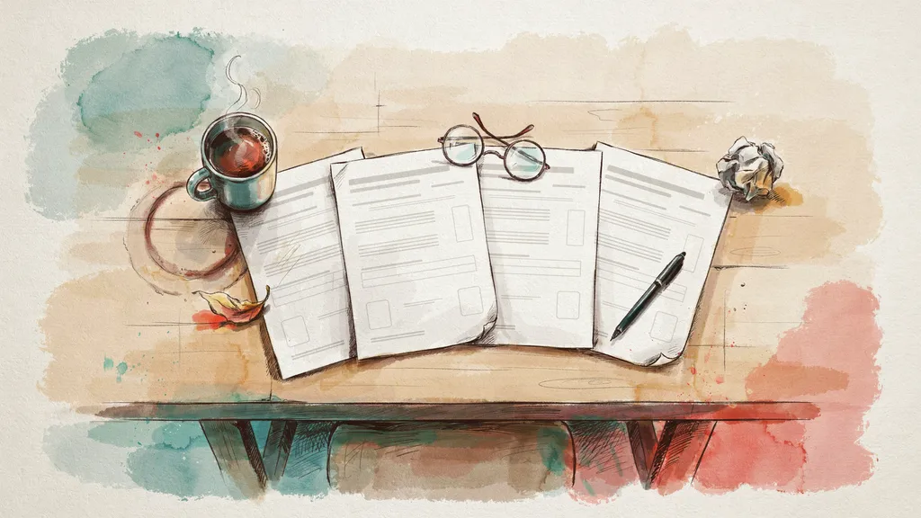 Illustration of several printed insurance quotes fanned out on a kitchen table with a pen and glasses
