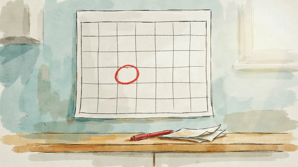 Illustration of a wall calendar with one date circled in red, a pen and letters on the shelf below
