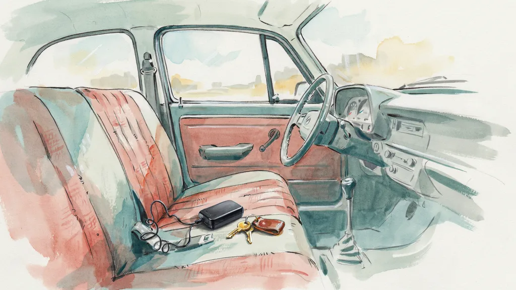 Illustration of a small black telematics device and car keys on the passenger seat of a car