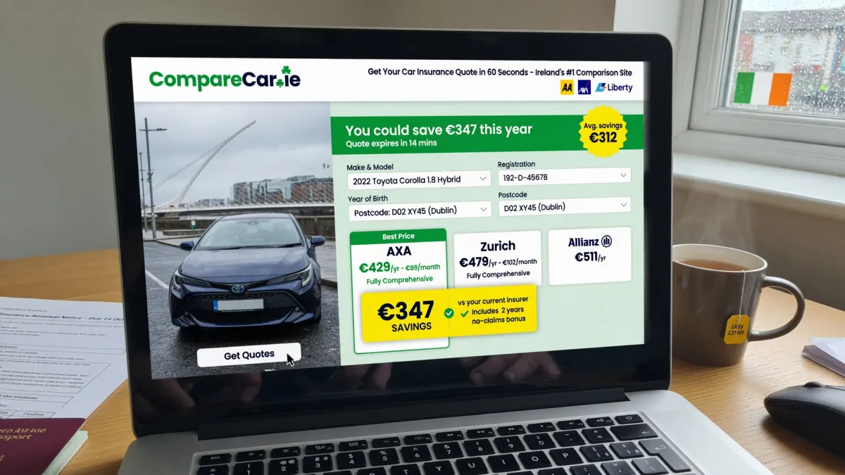A laptop showing an Irish car insurance comparison site with quotes from AXA, Zurich and Allianz and €347 of savings highlighted