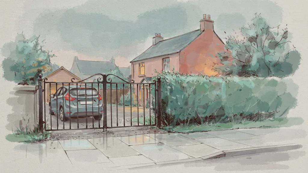 Illustration of a small hatchback parked on a gravel driveway behind a closed gate at dusk