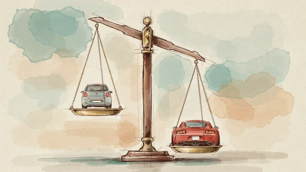 Illustration of a balance scale weighing a small hatchback against a heavy sports coupe