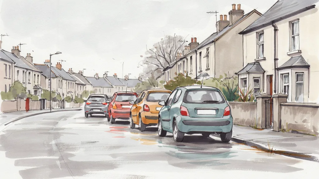 Illustration of a row of small hatchbacks parked along a damp Irish residential street