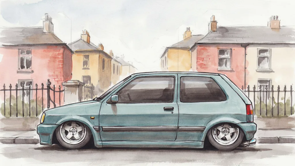 Illustration of a lowered modified hatchback on oversized alloy wheels parked at an Irish kerb