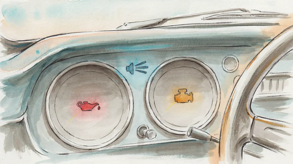 Illustration of a car instrument cluster with a red oil pressure symbol, an amber engine symbol and a blue main beam symbol lit