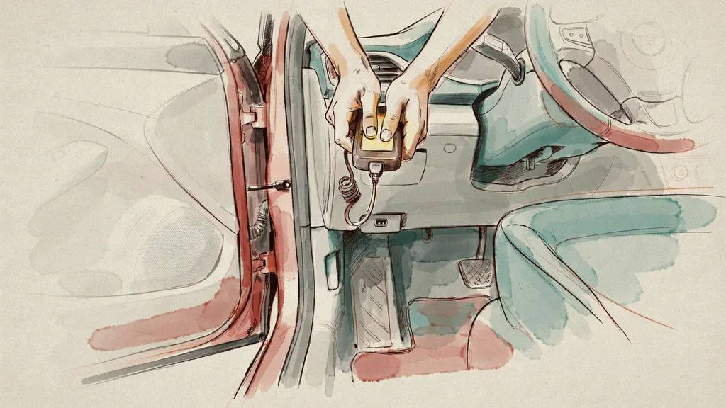 Illustration of hands plugging a handheld diagnostic scanner into the port beneath a right-hand-drive car dashboard