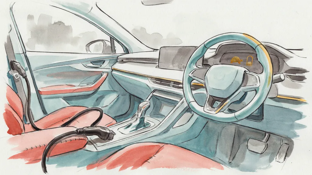 Illustration of a right-hand-drive electric car interior with amber turtle and battery symbols lit on the driver display and a charging cable on the seat