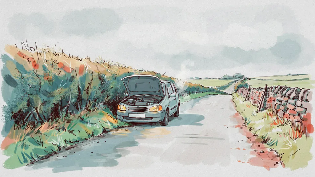 Illustration of a car pulled onto the verge of an Irish country road with its bonnet raised and hazard lights on