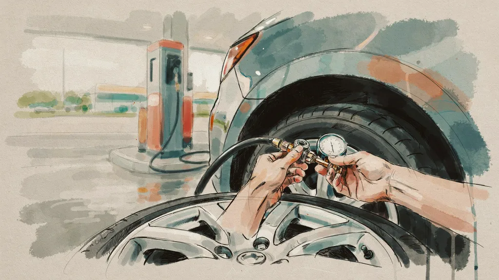 Illustration of hands holding a pressure gauge and airline hose against a car tyre valve at a filling station